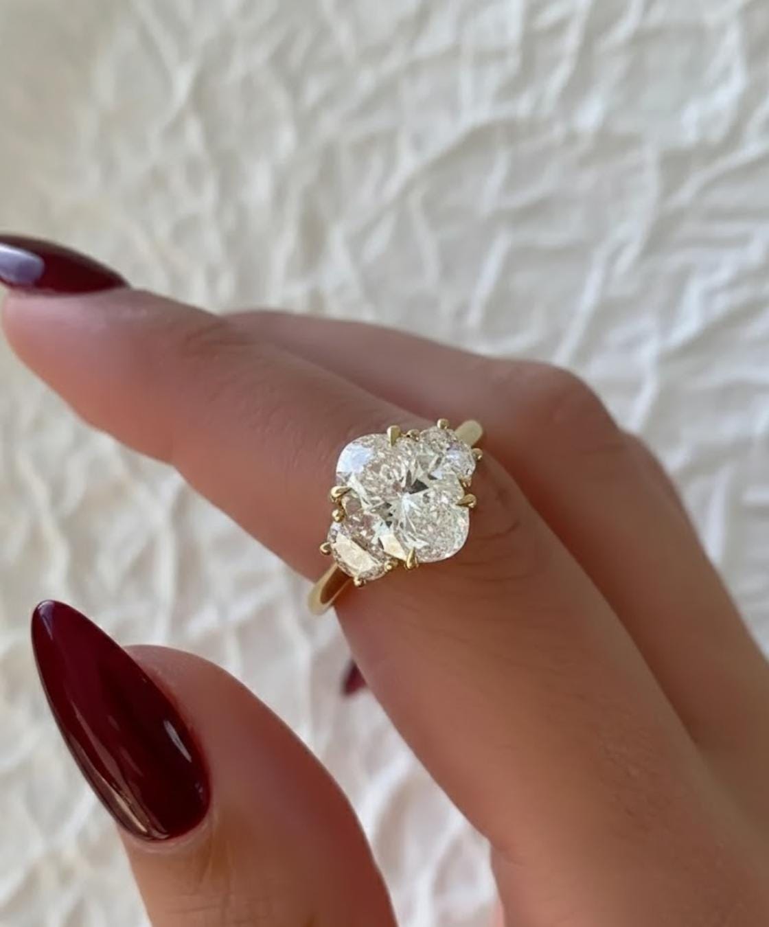 Three Stone Diamond Engagement Ring With Half Moon Cut Side Diamonds, 14K Yellow Gold