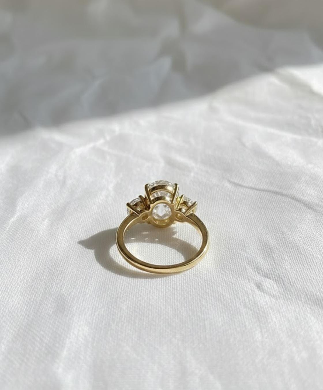 Three Stone Diamond Engagement Ring With Half Moon Cut Side Diamonds, 14K Yellow Gold