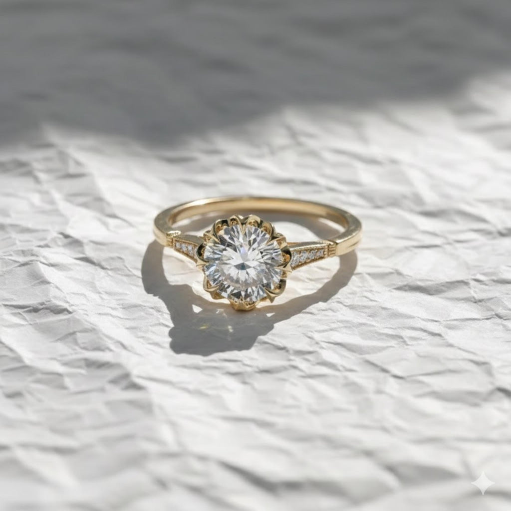 Filigree Round Cut Lab Grown Diamond 14K Gold Solitaire Engagement Ring