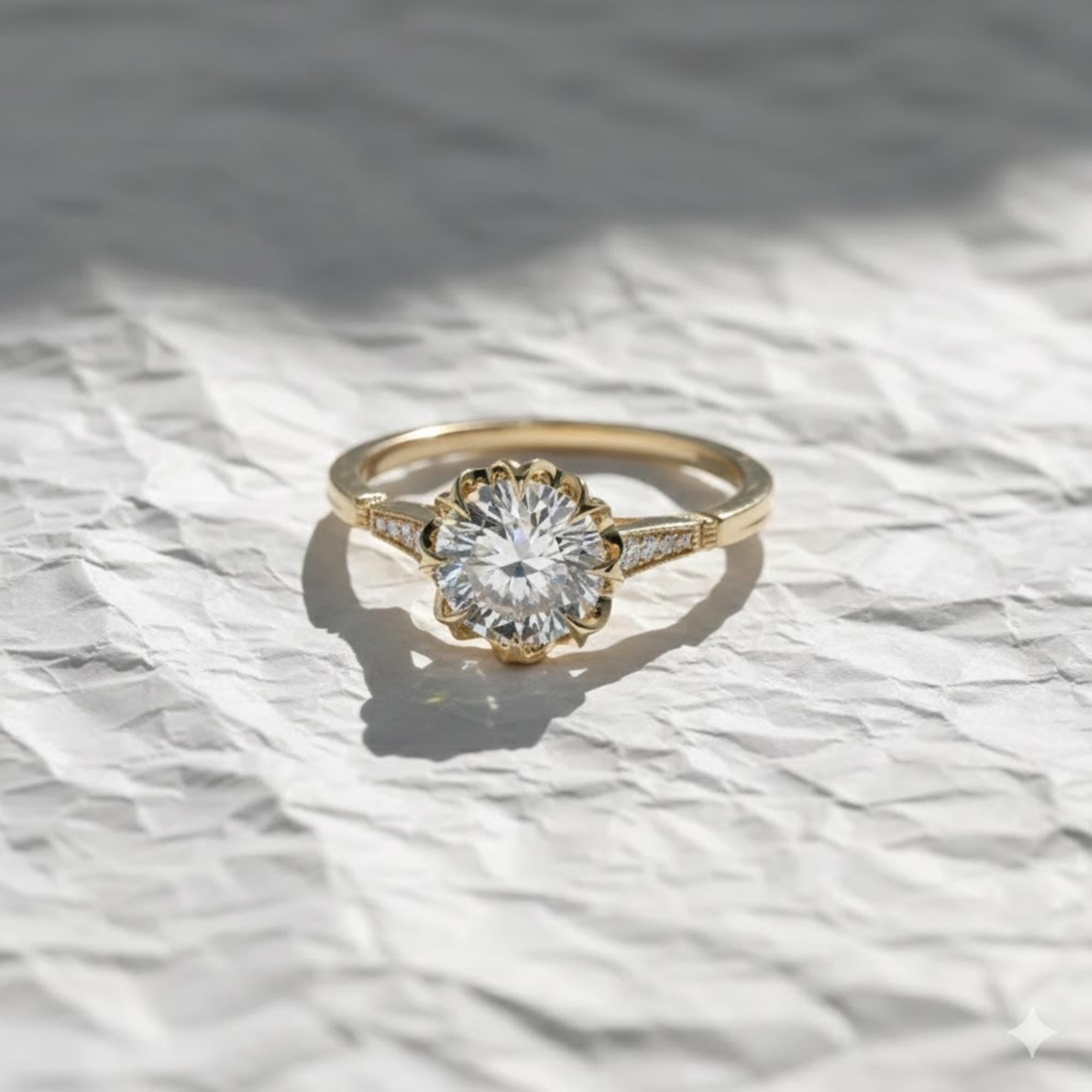 Filigree Round Cut Lab Grown Diamond 14K Gold Solitaire Engagement Ring