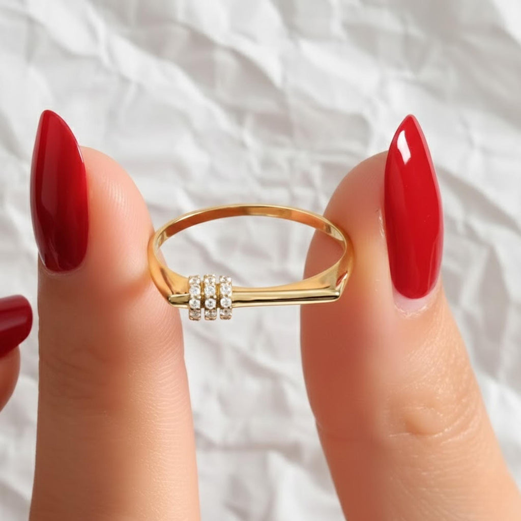 14K Solid Gold Diamond Bar Ring, Small Rectangle Signet Ring With Lab Grown Diamond