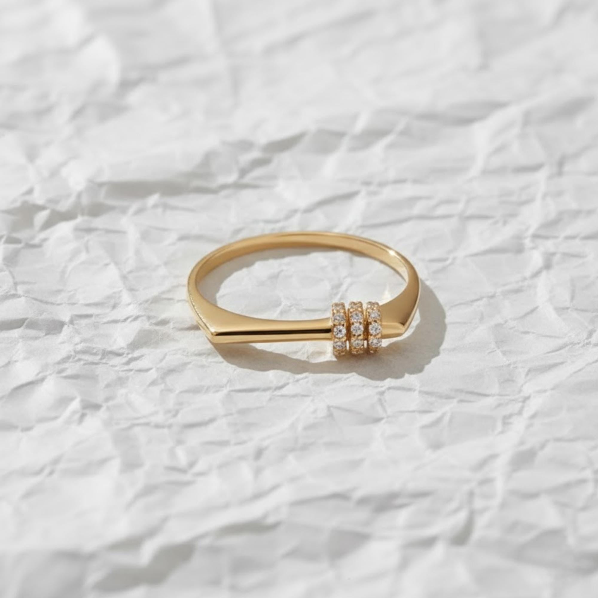 14K Solid Gold Diamond Bar Ring, Small Rectangle Signet Ring With Lab Grown Diamond