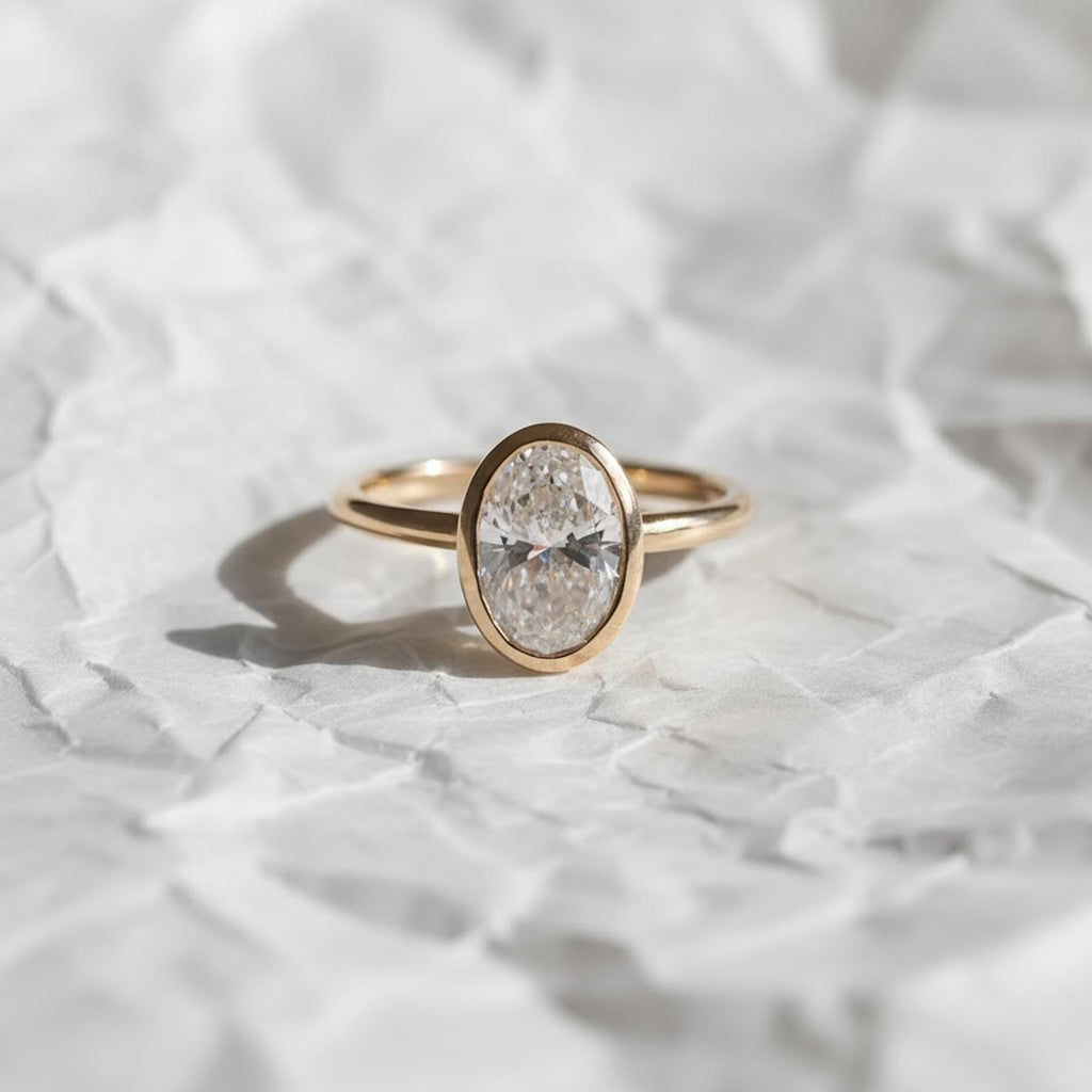 2 Carat IGI Certified Oval Cut Lab Grown Diamond Bezel Set Solitaire Engagement Ring 14K Yellow Gold