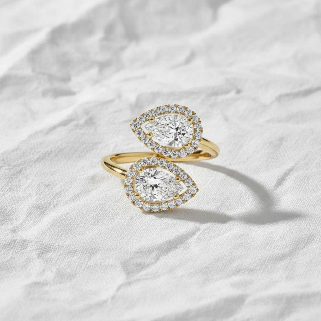 14K Cross Over Pear Shaped Halo Setting Lab Grown Diamond Ring, Two Stone Statement Ring, Birthday Gift