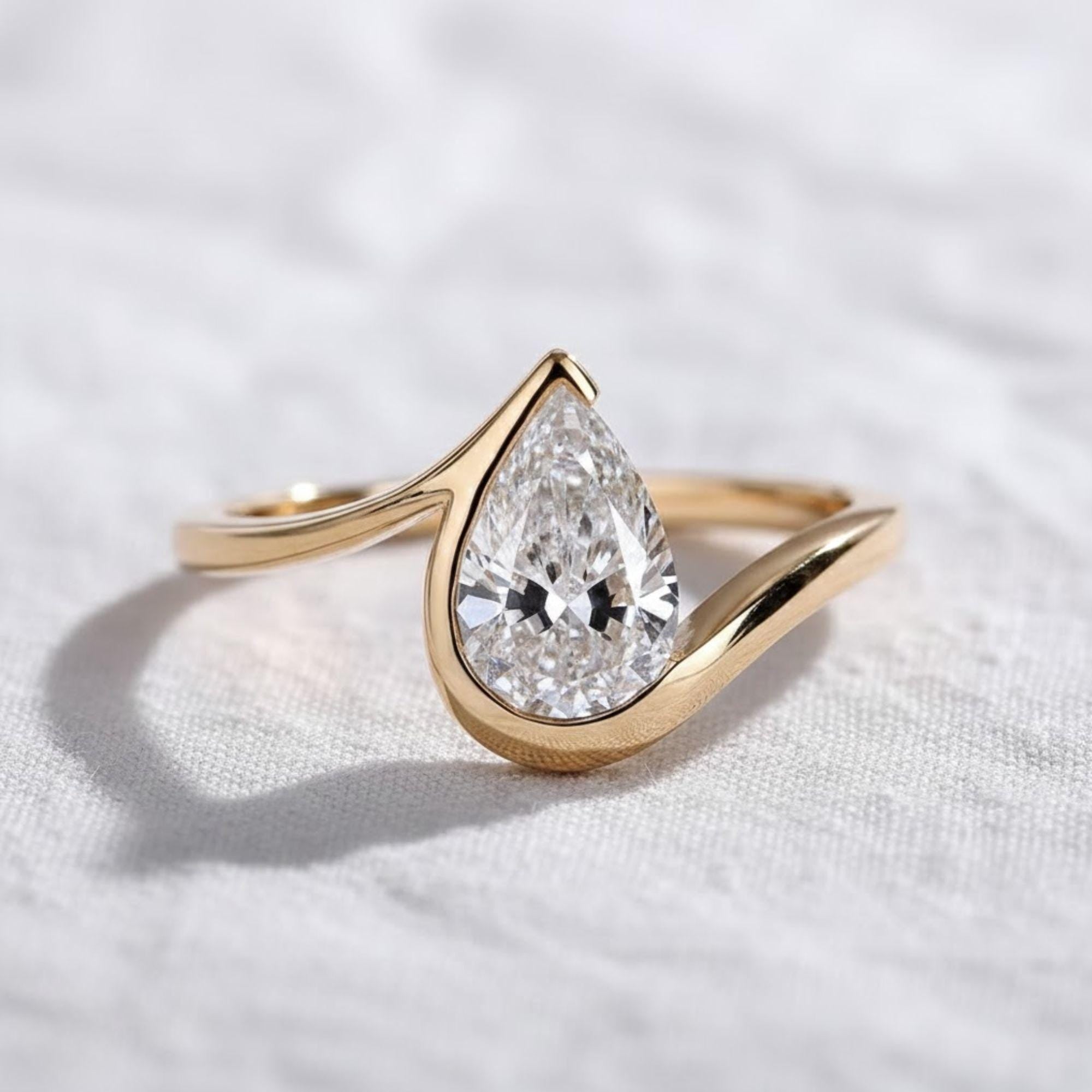 Pear Cut Lab Grown Diamond Engagement Ring, Half Bezel Wedding Ring for Women