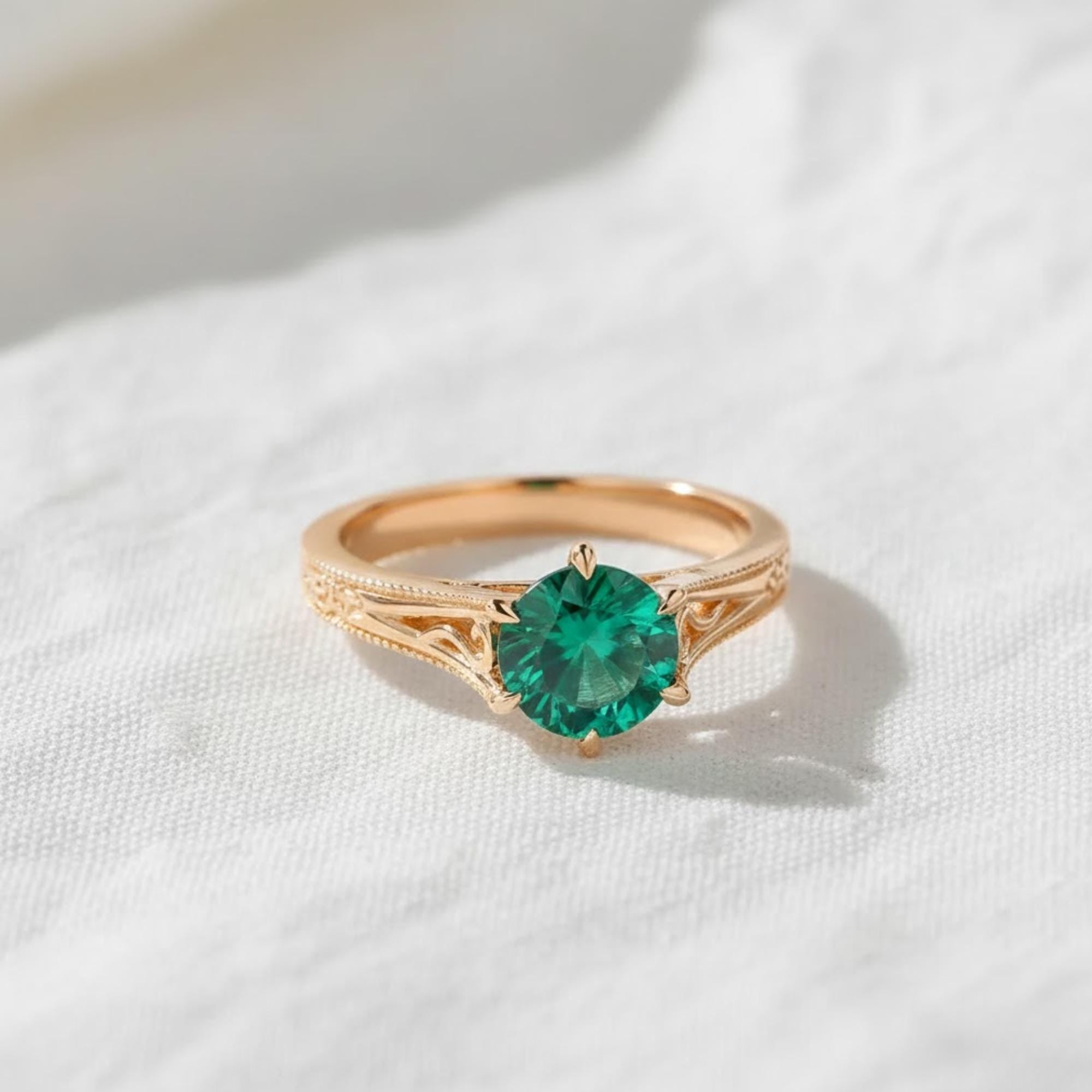 14K Solid Gold Green Gemstone Engagement Ring | Antique Filigree Emerald Ring