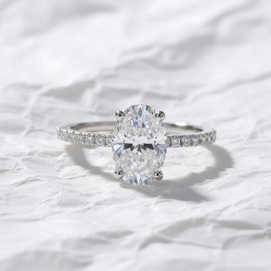 1.50 Carat Oval Lab Grown Diamond Engagement Ring: Hidden Halo, IGI Certified