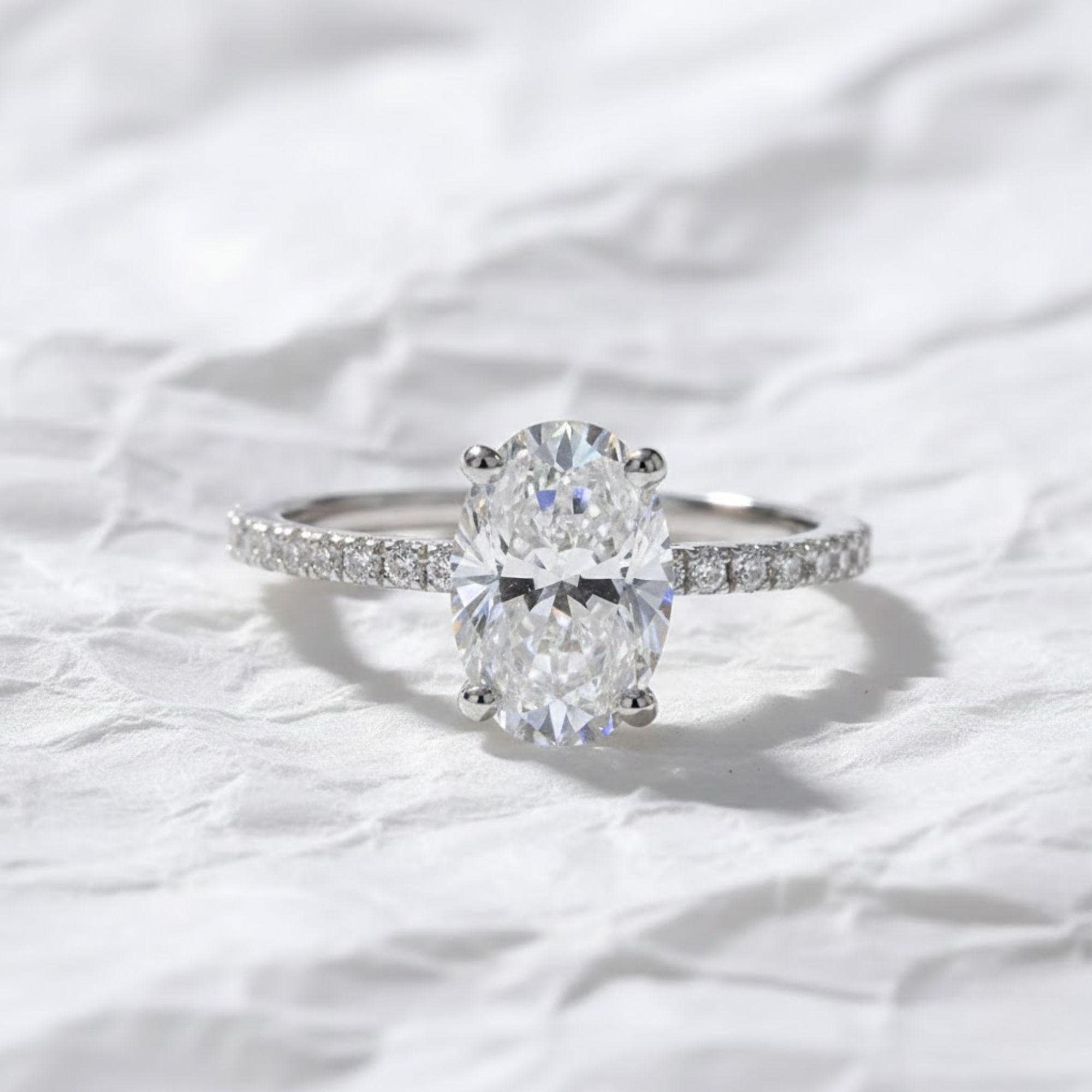 1.50 Carat Oval Lab Grown Diamond Engagement Ring: Hidden Halo, IGI Certified