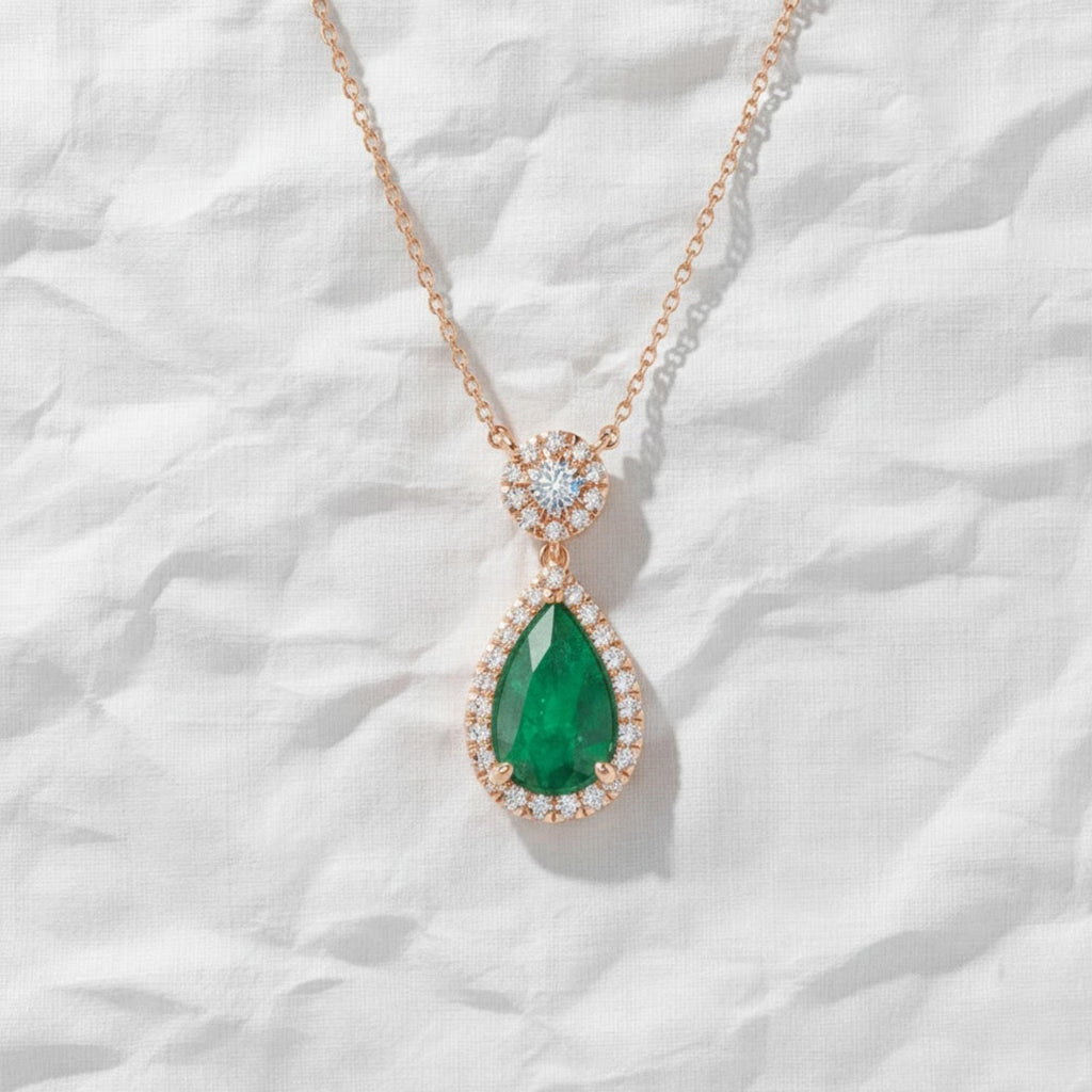 14k Solid Gold Birthstone Pendant / Pear Shape Emerald and lab grown diamond Halo Necklace / Personalized Gift For Mom / Custom Made Gift