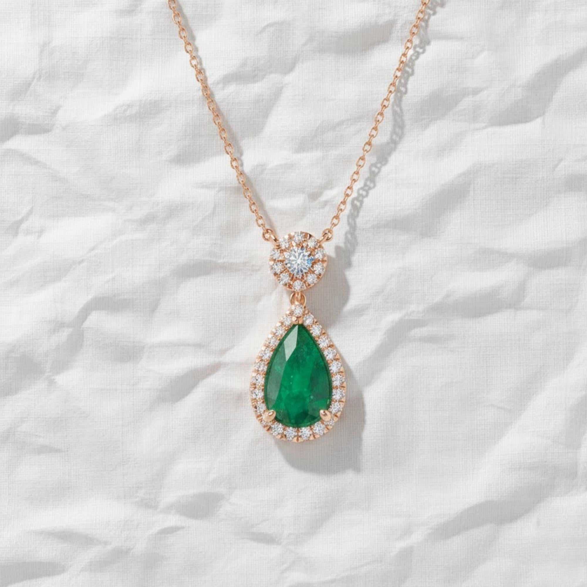 14k Solid Gold Birthstone Pendant / Pear Shape Emerald and lab grown diamond Halo Necklace / Personalized Gift For Mom / Custom Made Gift