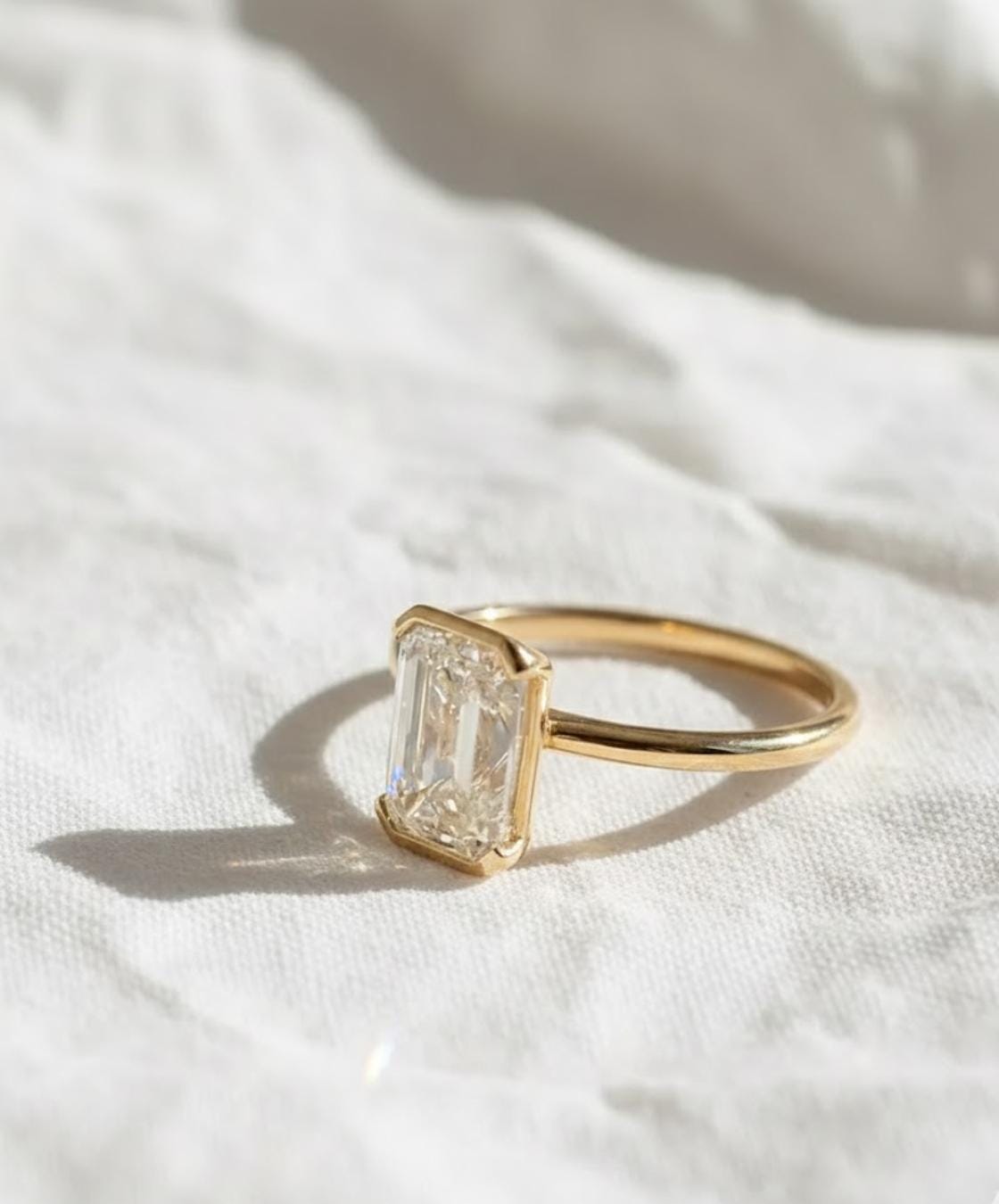 3 Carat Emerald Cut Lab Grown Diamond Engagement Ring | 14K Gold Half Bezel | IGI Certified