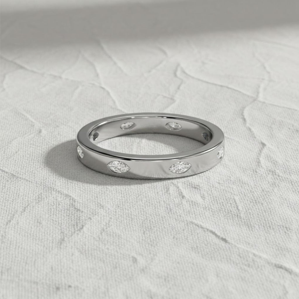 Marquise Shape Lab Grown Diamond Wedding Band, 14K Gold Full Eternity Flush Setting Diamond Anniversary Ring