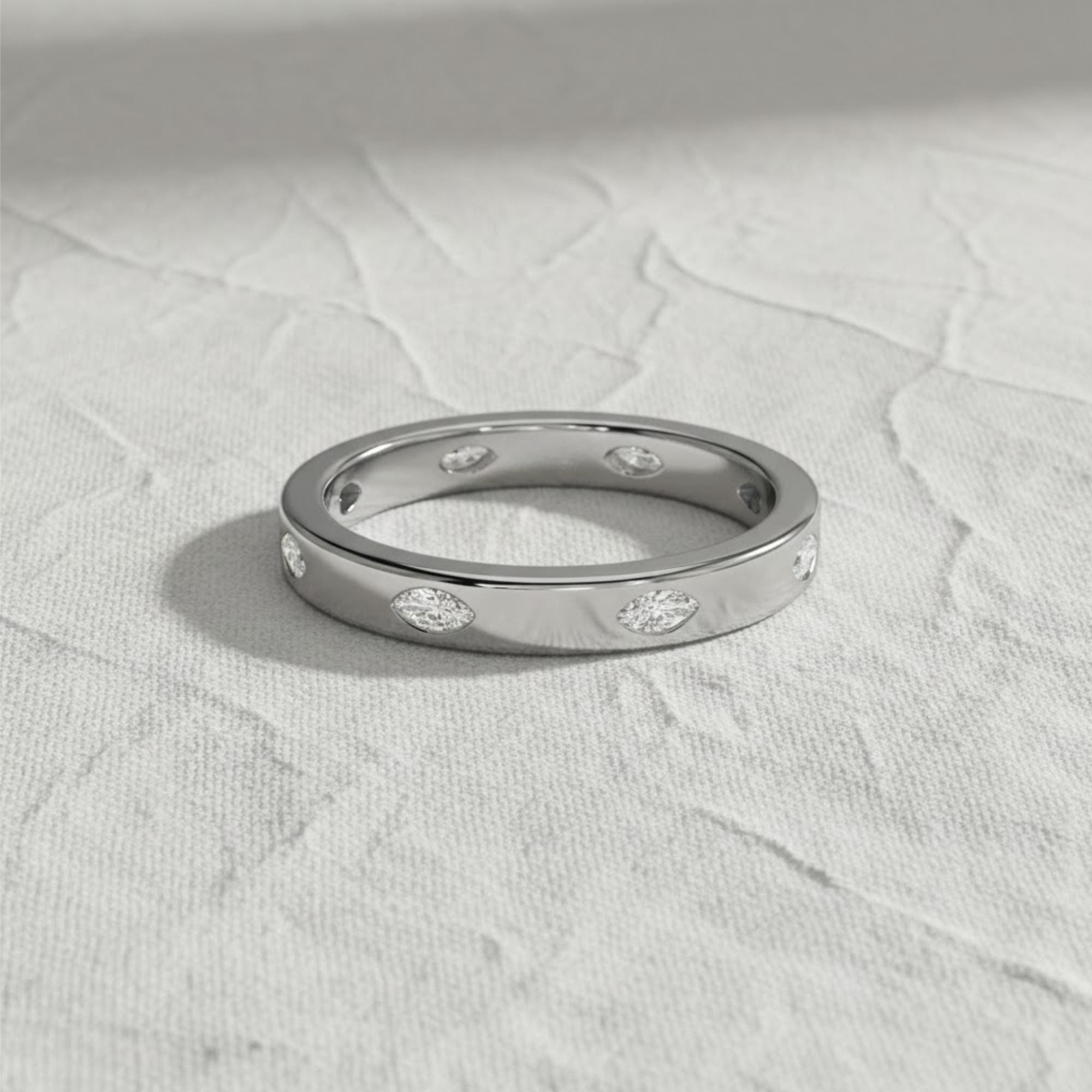Marquise Shape Lab Grown Diamond Wedding Band, 14K Gold Full Eternity Flush Setting Diamond Anniversary Ring