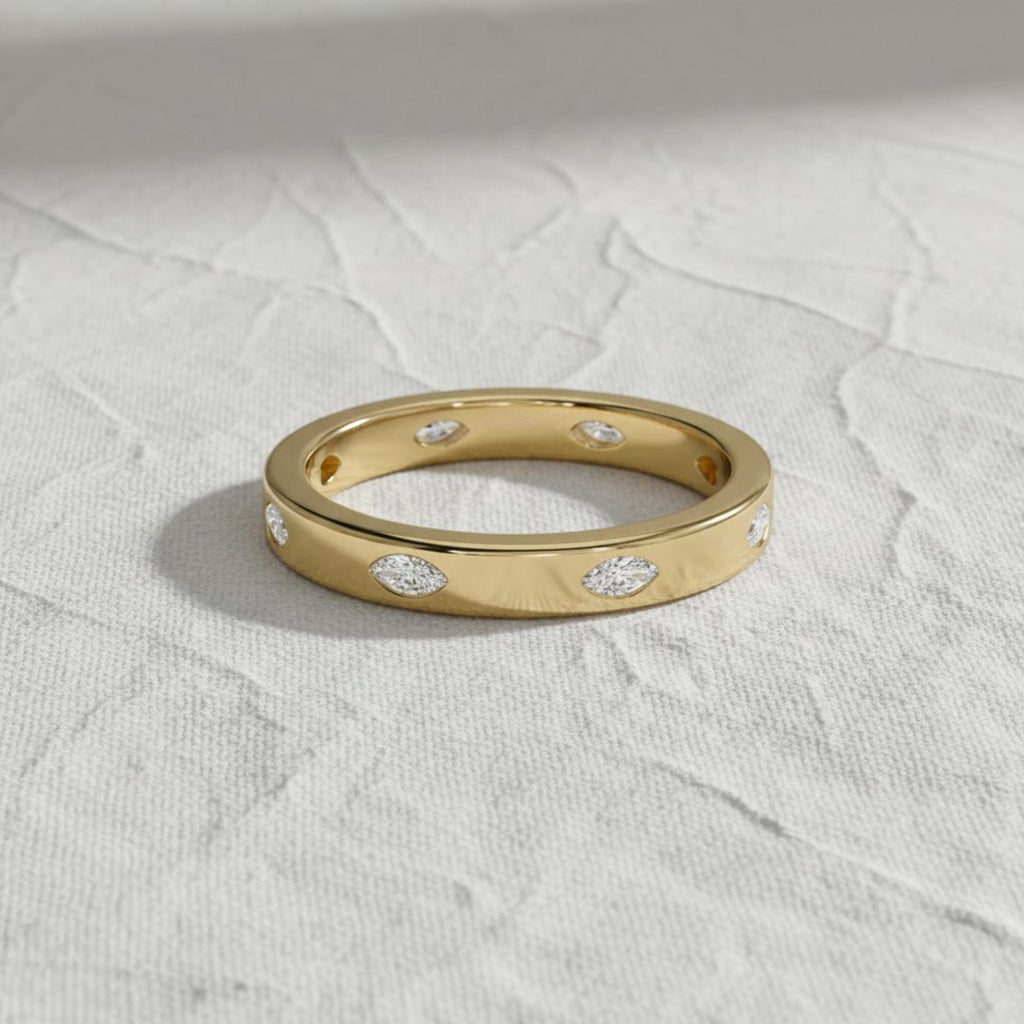 Marquise Shape Lab Grown Diamond Wedding Band, 14K Gold Full Eternity Flush Setting Diamond Anniversary Ring