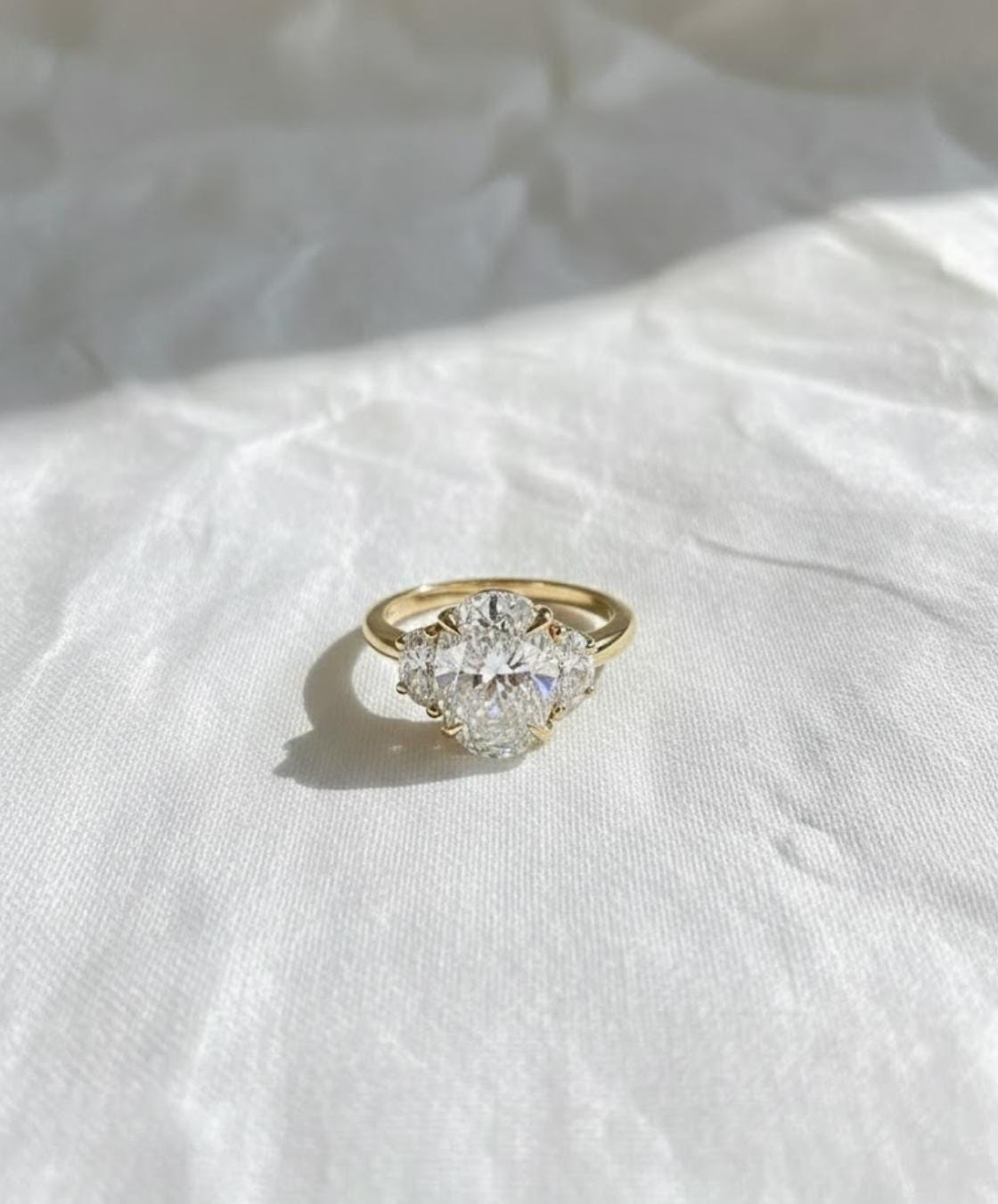 Three Stone Diamond Engagement Ring With Half Moon Cut Side Diamonds, 14K Yellow Gold
