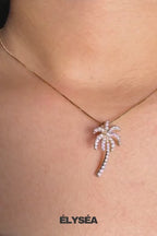 14K Solid Gold Diamond Palm Tree Pendant Necklace