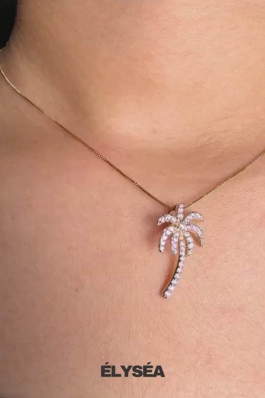14K Solid Gold Diamond Palm Tree Pendant Necklace