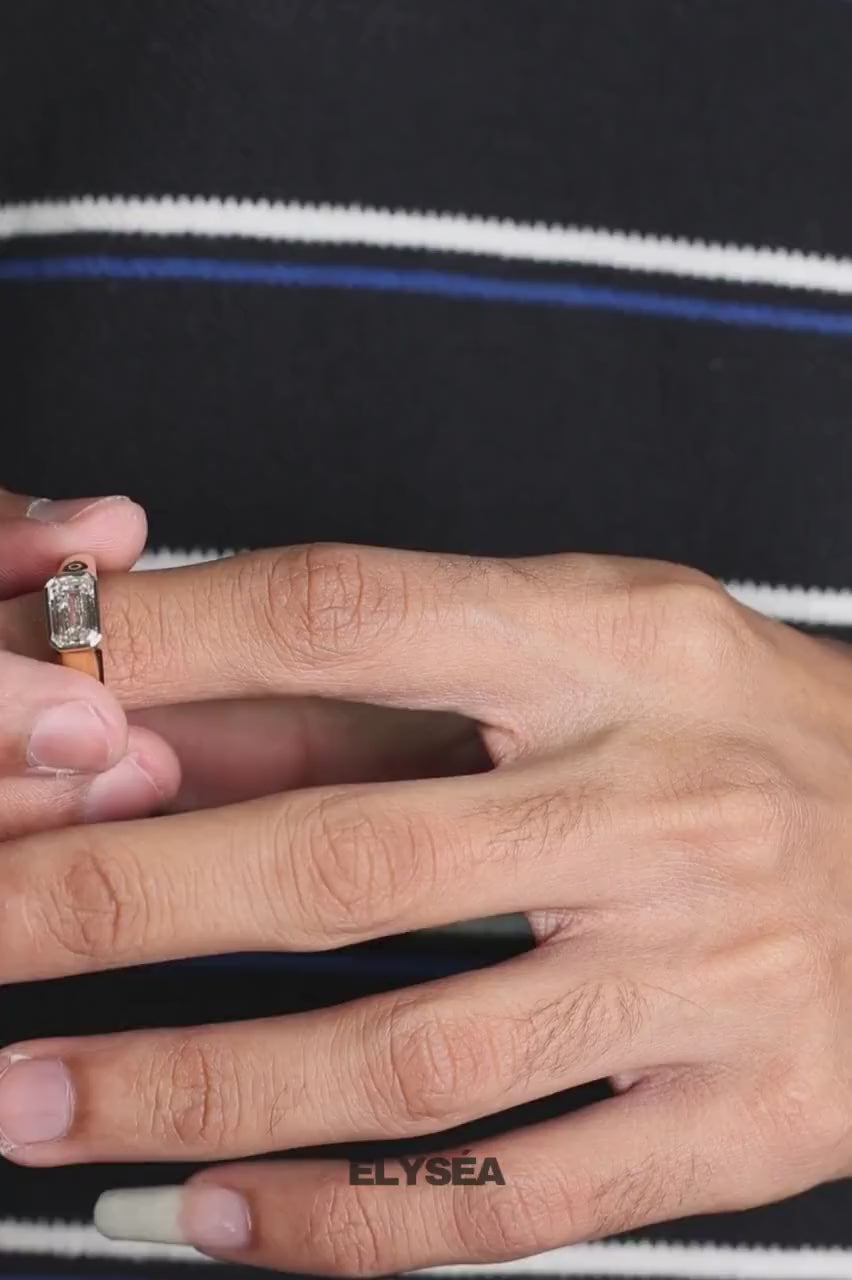 Emerald Cut Lab Grown Diamond Signet Ring, 14K Gold Bezel Set Dainty Engagement Ring