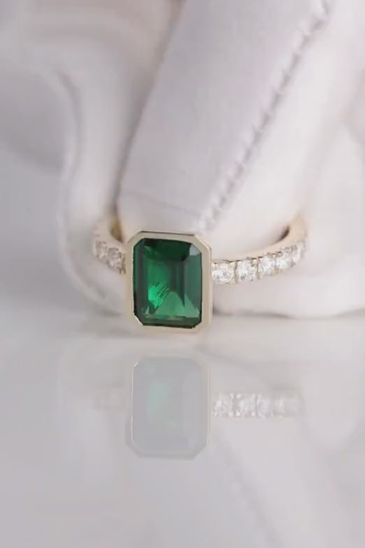 Emerald Gemstone Engagement Ring, 2.05 CT Emerald Cut Halo Wedding Ring, May Birthstone Ring