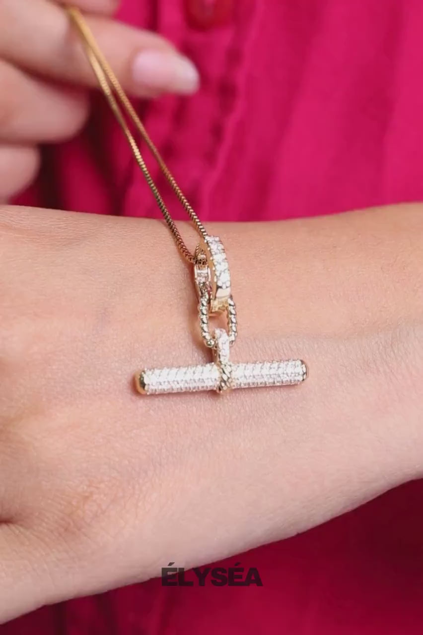 14K Gold Pave Lab Grown Diamond T Bar Pendant, Minimalist Fine Jewelry