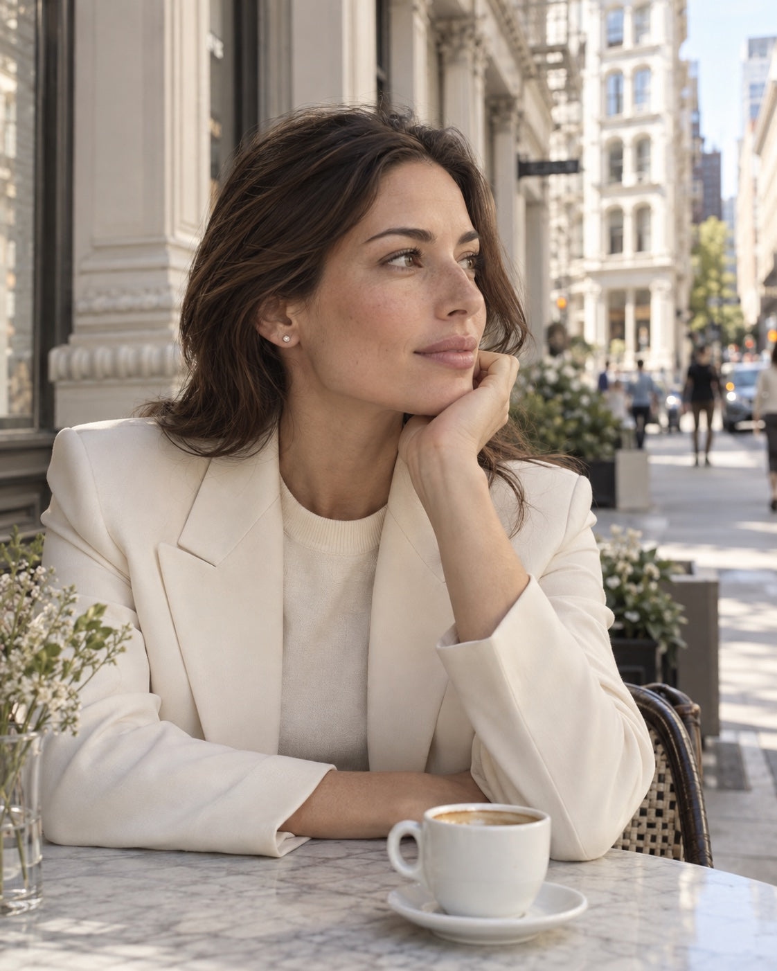 Woman wearing diamond studs at a sunlit New York cafe