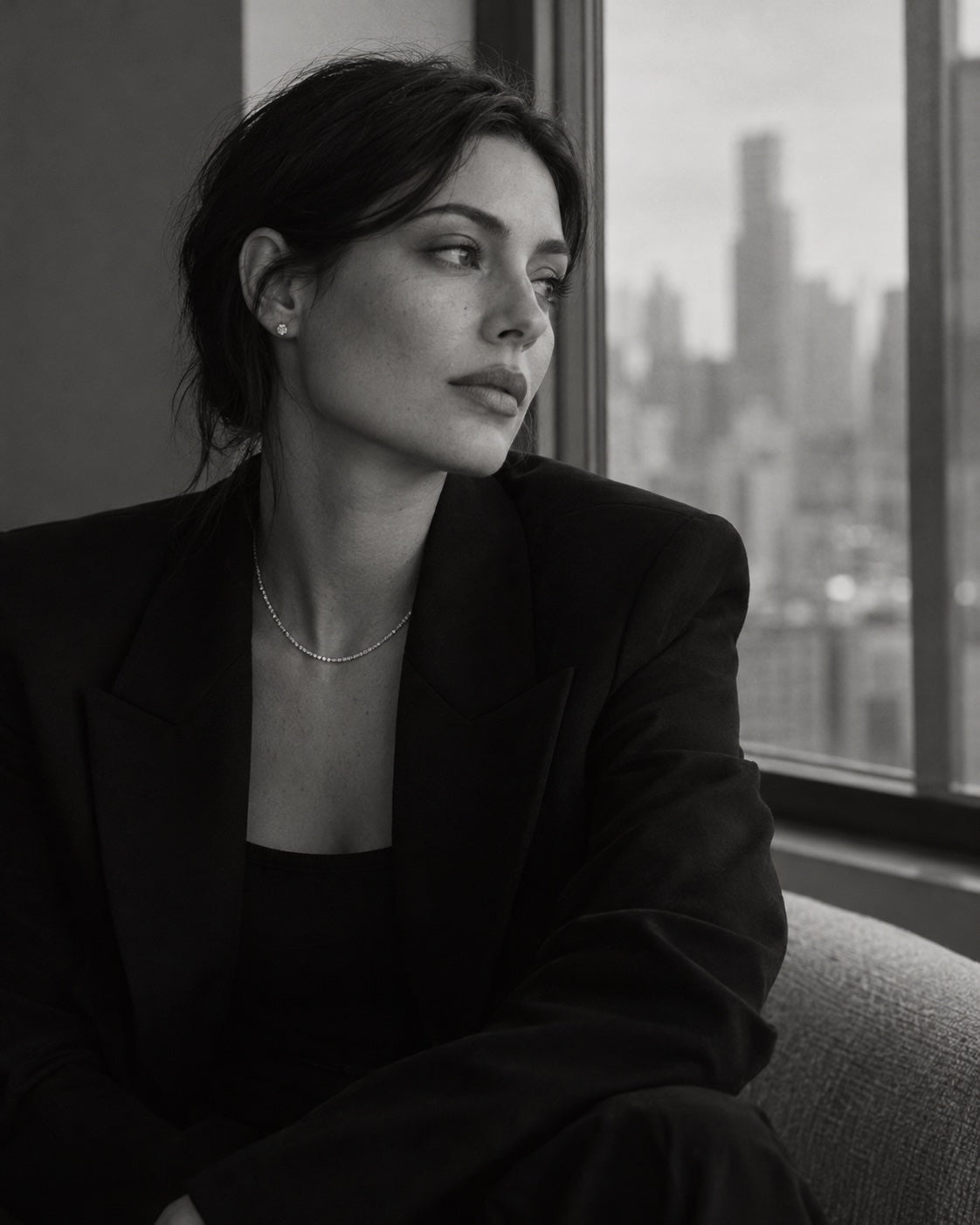 ÉLYSÉA campaign portrait beside a city window