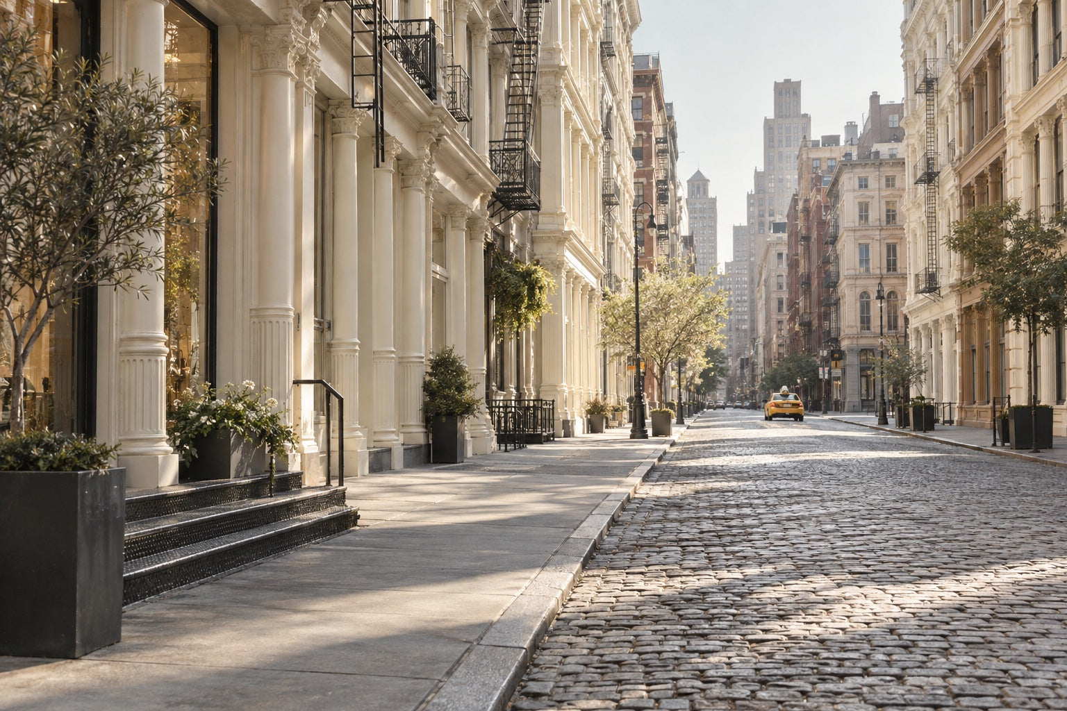 Sunlit New York streets with ivory facades and a distant yellow taxi